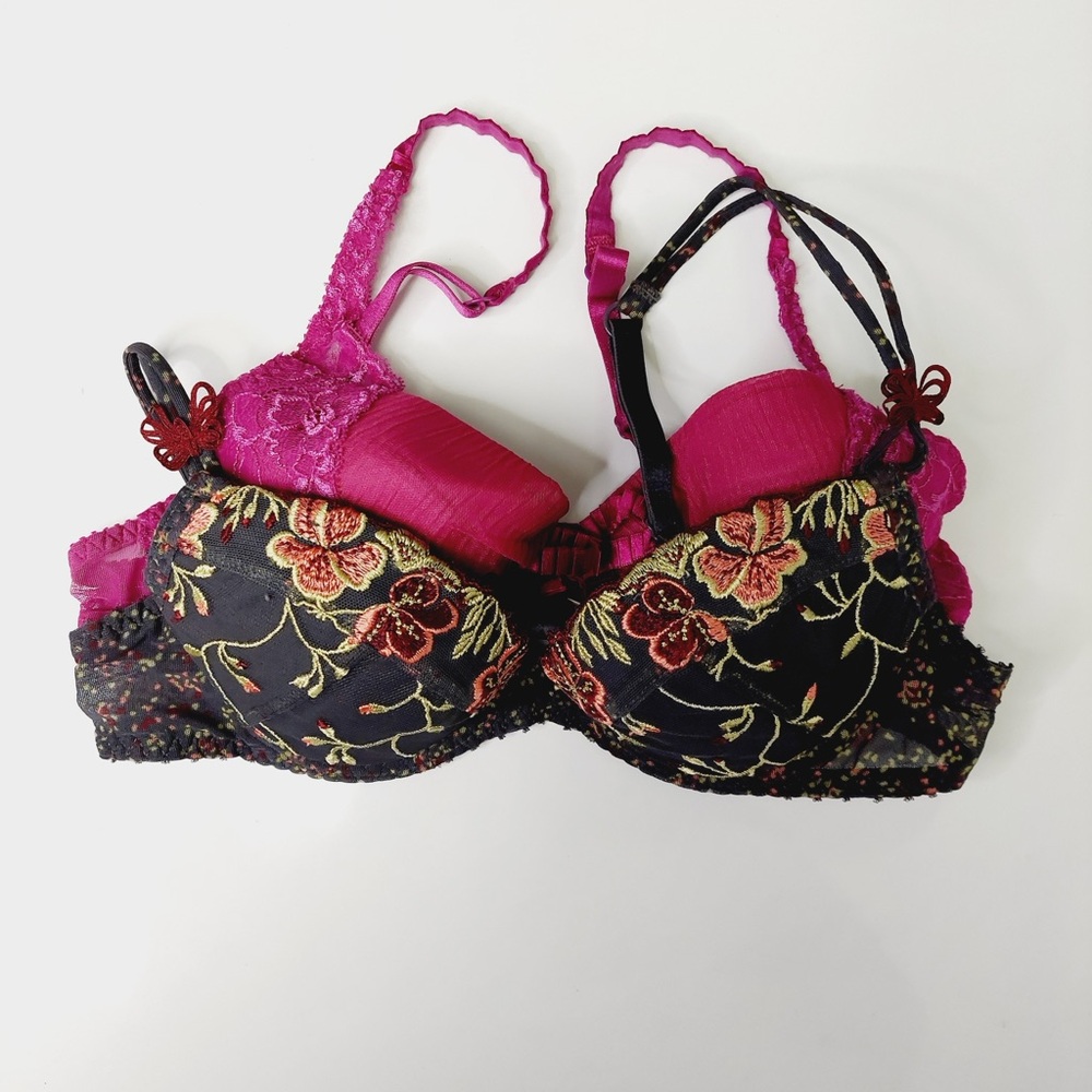 Bundle Aubade Pink Black Embroidered Lace Underwire Bra Set Elegant P5452
